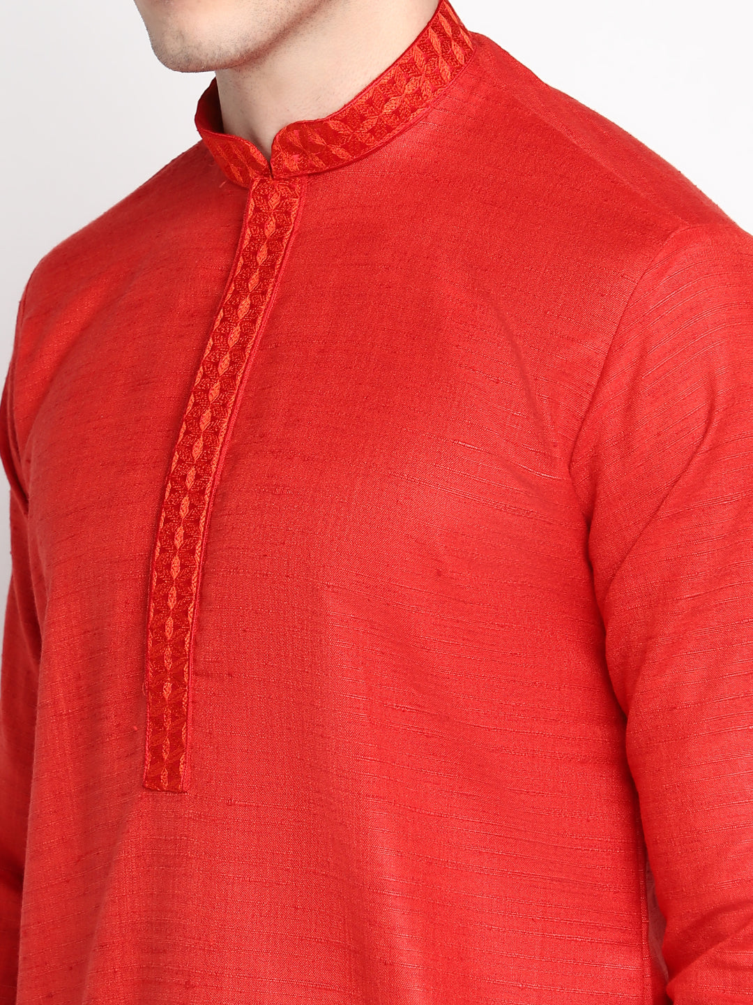 Red Straight Embroidered Cotton Men's Kurta