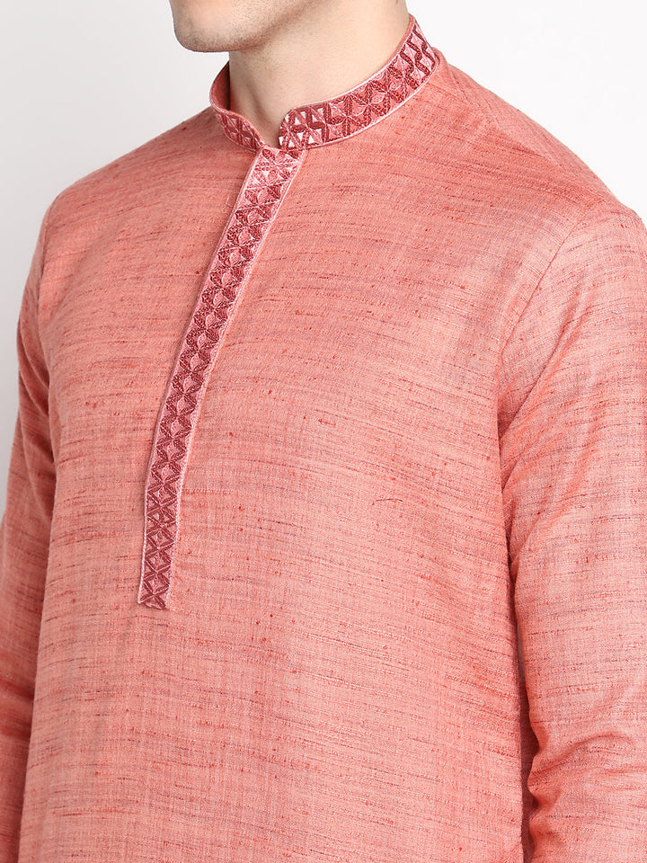 Peach-Pink Straight Embroidered Cotton Men's Kurta