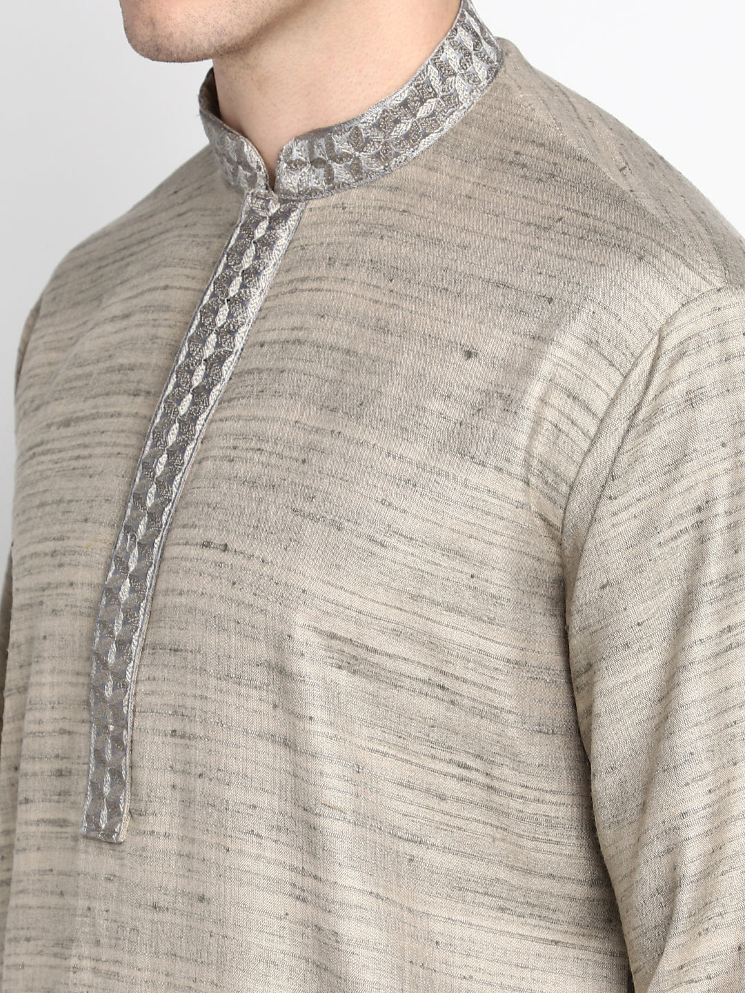 Grey Straight Embroidered Cotton Men's Kurta