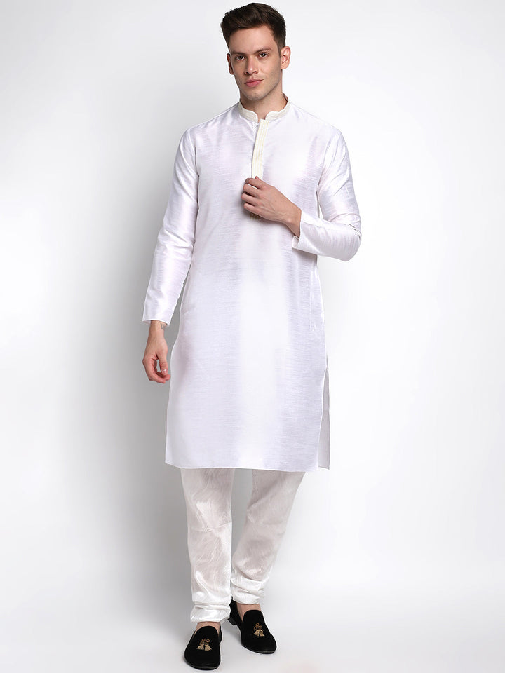 White Straight Silk Blend Full Sleeves Men's Kurta