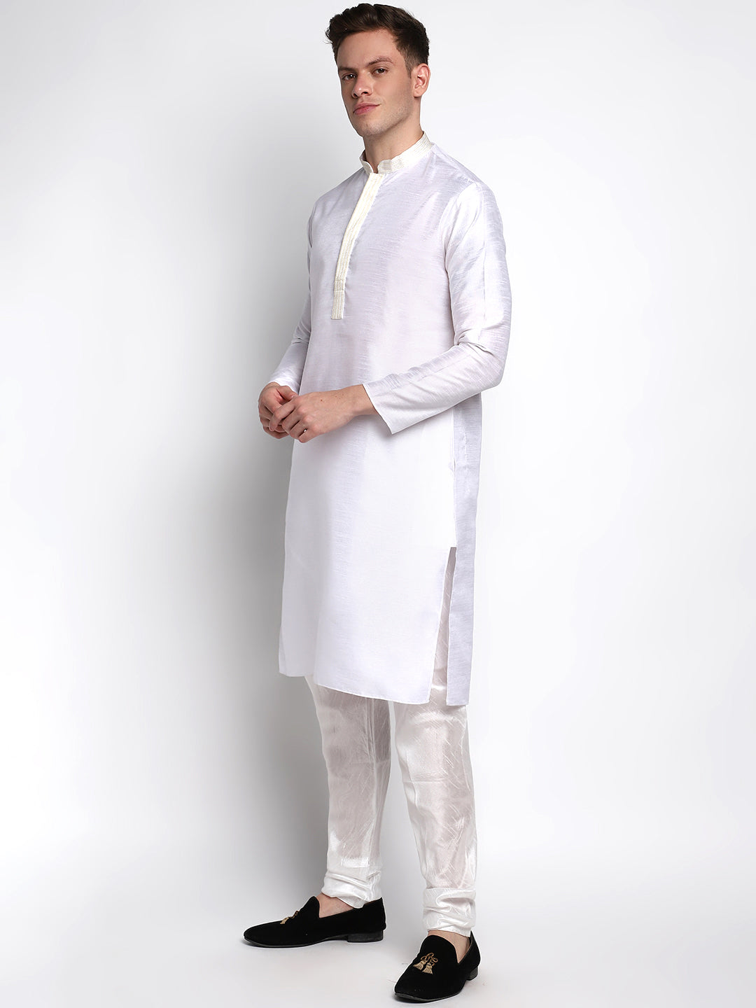 White Straight Silk Blend Full Sleeves Men's Kurta