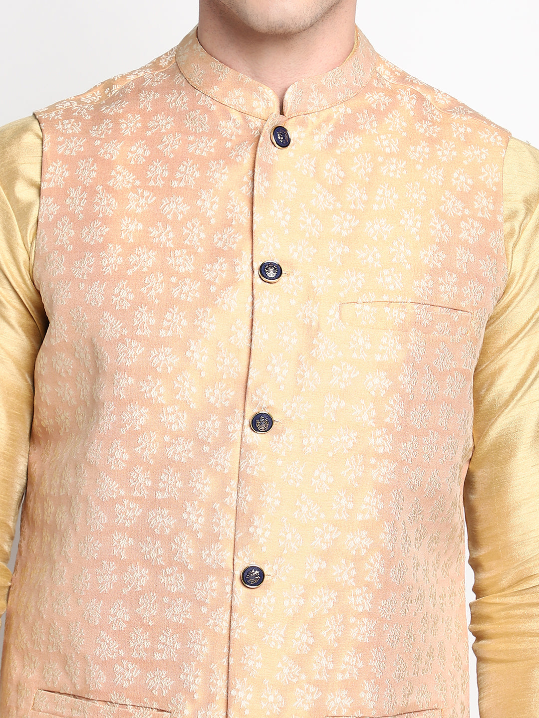 Men Peach Coloured Embroidered Woven Nehru Jackets